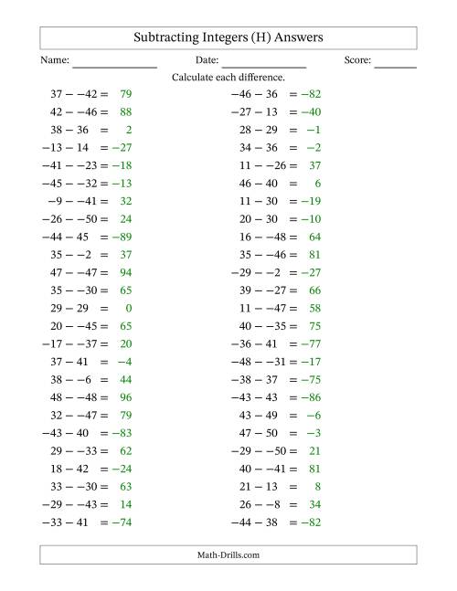 The Subtracting Mixed Integers from -50 to 50 (50 Questions; No Parentheses) (H) Math Worksheet Page 2