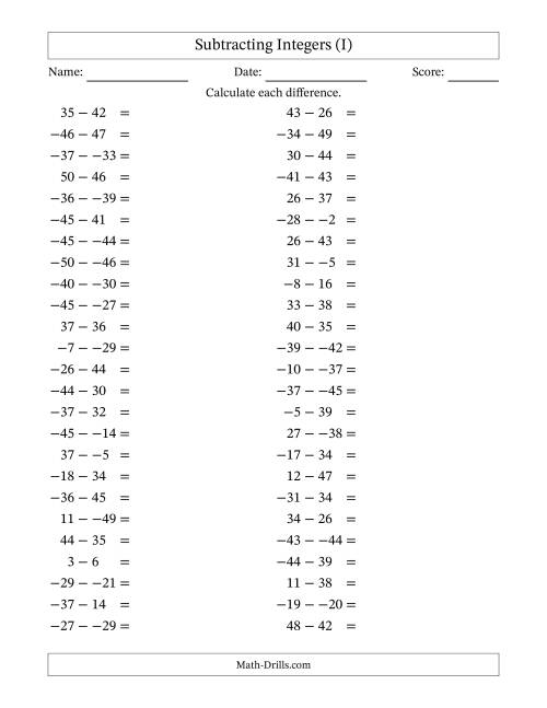 The Subtracting Mixed Integers from -50 to 50 (50 Questions; No Parentheses) (I) Math Worksheet