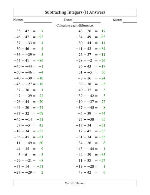The Subtracting Mixed Integers from -50 to 50 (50 Questions; No Parentheses) (I) Math Worksheet Page 2