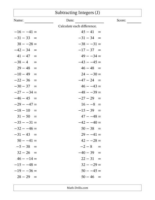 The Subtracting Mixed Integers from -50 to 50 (50 Questions; No Parentheses) (J) Math Worksheet