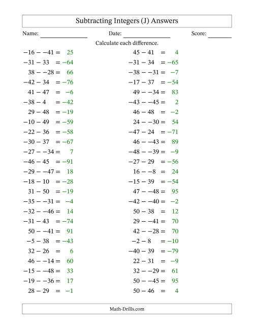 The Subtracting Mixed Integers from -50 to 50 (50 Questions; No Parentheses) (J) Math Worksheet Page 2