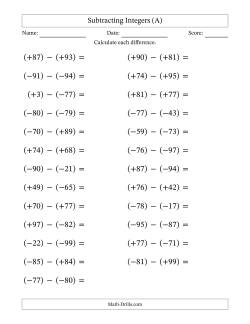 Subtracting Mixed Integers from -99 to 99 (25 Questions; Large Print; All Parentheses)