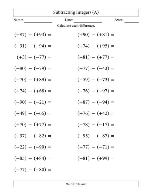 The Subtracting Mixed Integers from -99 to 99 (25 Questions; Large Print; All Parentheses) (A) Math Worksheet