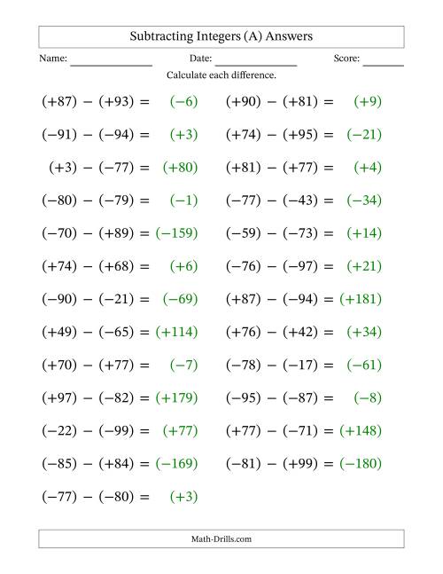 The Subtracting Mixed Integers from -99 to 99 (25 Questions; Large Print; All Parentheses) (A) Math Worksheet Page 2