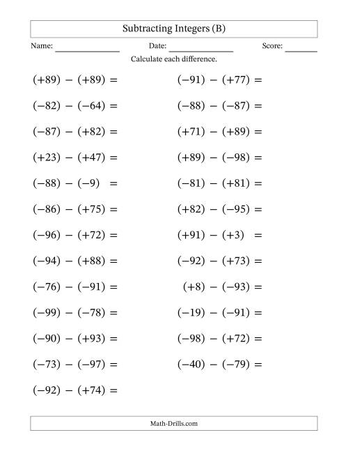 The Subtracting Mixed Integers from -99 to 99 (25 Questions; Large Print; All Parentheses) (B) Math Worksheet