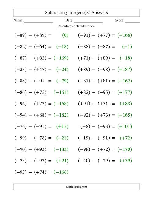 The Subtracting Mixed Integers from -99 to 99 (25 Questions; Large Print; All Parentheses) (B) Math Worksheet Page 2
