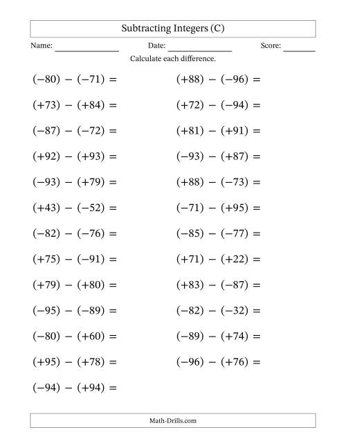 The Subtracting Mixed Integers from -99 to 99 (25 Questions; Large Print; All Parentheses) (C) Math Worksheet