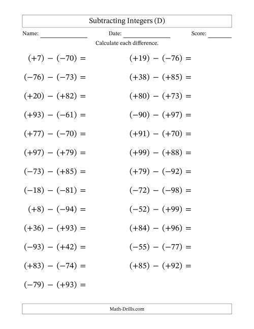 The Subtracting Mixed Integers from -99 to 99 (25 Questions; Large Print; All Parentheses) (D) Math Worksheet
