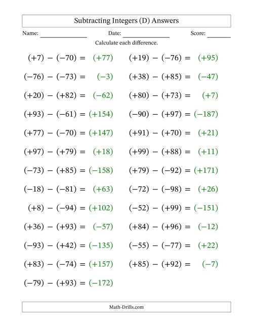 The Subtracting Mixed Integers from -99 to 99 (25 Questions; Large Print; All Parentheses) (D) Math Worksheet Page 2