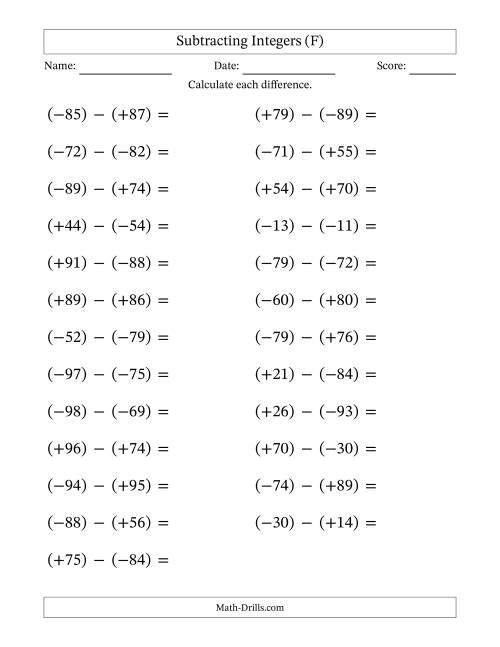 The Subtracting Mixed Integers from -99 to 99 (25 Questions; Large Print; All Parentheses) (F) Math Worksheet