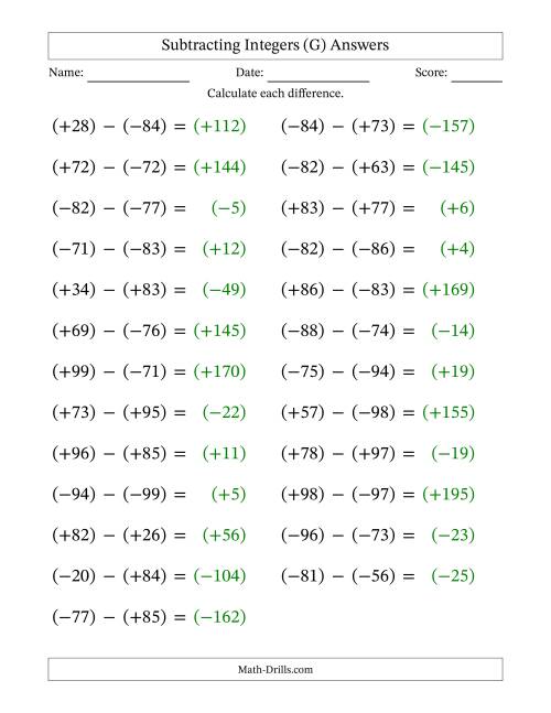 The Subtracting Mixed Integers from -99 to 99 (25 Questions; Large Print; All Parentheses) (G) Math Worksheet Page 2
