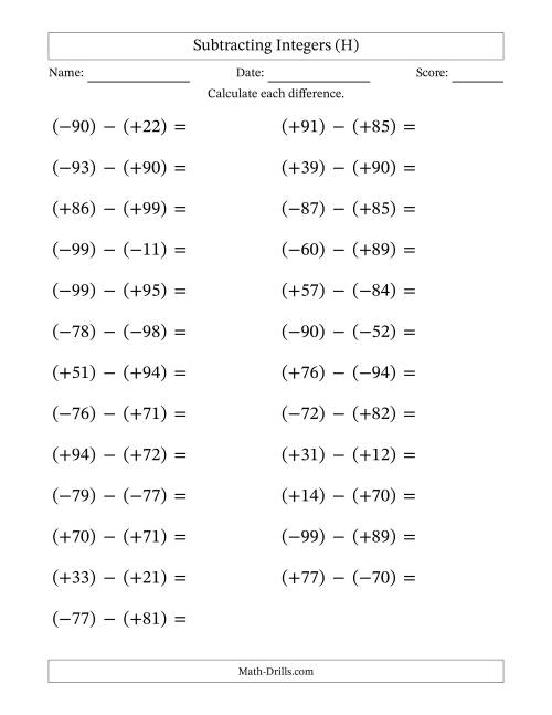 The Subtracting Mixed Integers from -99 to 99 (25 Questions; Large Print; All Parentheses) (H) Math Worksheet