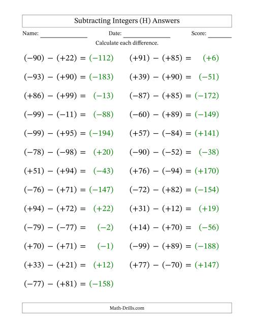 The Subtracting Mixed Integers from -99 to 99 (25 Questions; Large Print; All Parentheses) (H) Math Worksheet Page 2