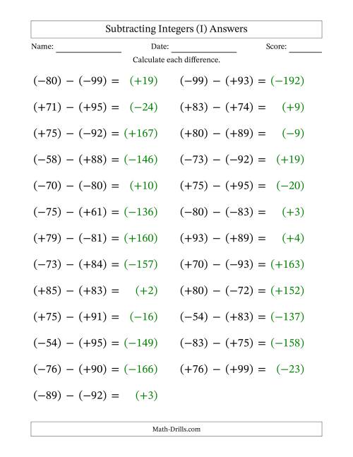 The Subtracting Mixed Integers from -99 to 99 (25 Questions; Large Print; All Parentheses) (I) Math Worksheet Page 2