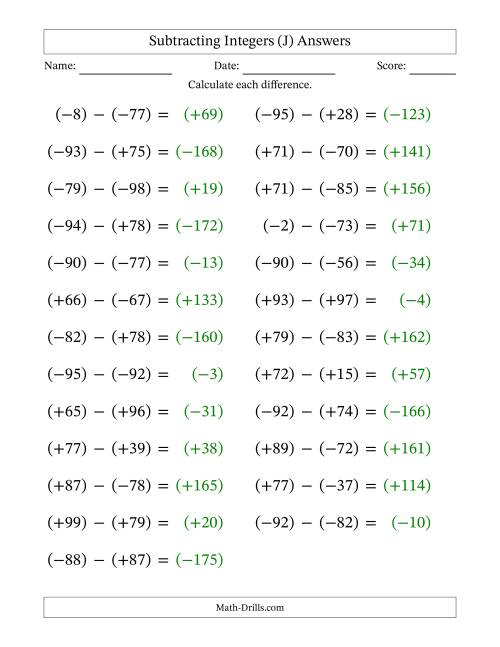 The Subtracting Mixed Integers from -99 to 99 (25 Questions; Large Print; All Parentheses) (J) Math Worksheet Page 2