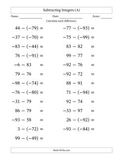 Subtracting Mixed Integers from -99 to 99 (25 Questions; Large Print)