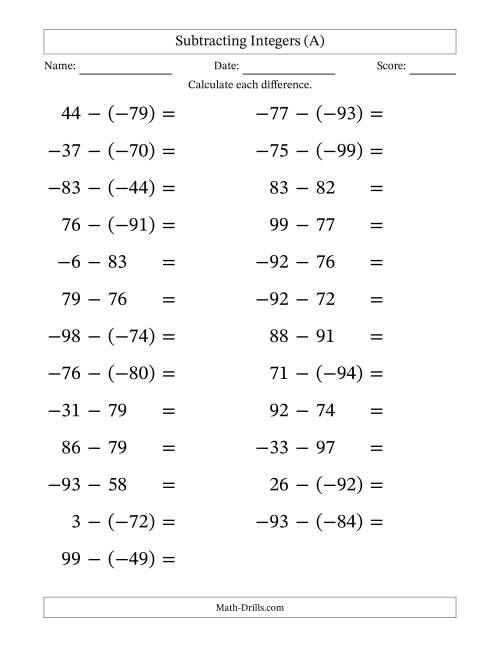 The Subtracting Mixed Integers from -99 to 99 (25 Questions; Large Print) (A) Math Worksheet