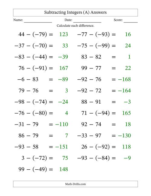 The Subtracting Mixed Integers from -99 to 99 (25 Questions; Large Print) (A) Math Worksheet Page 2