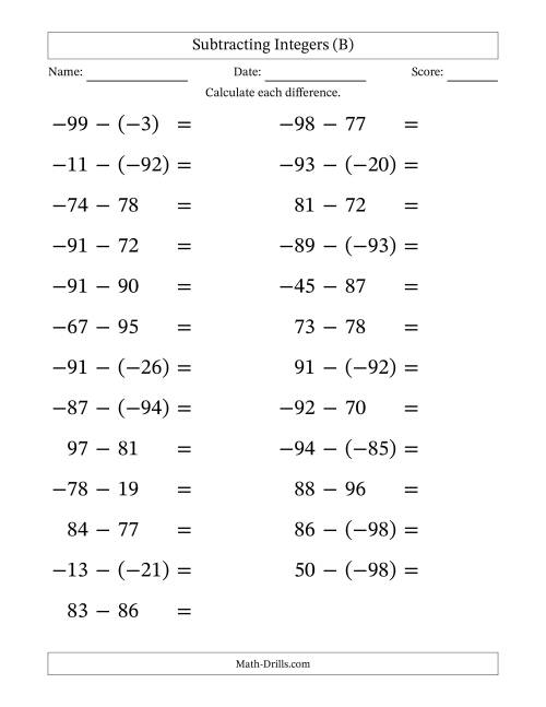 The Subtracting Mixed Integers from -99 to 99 (25 Questions; Large Print) (B) Math Worksheet