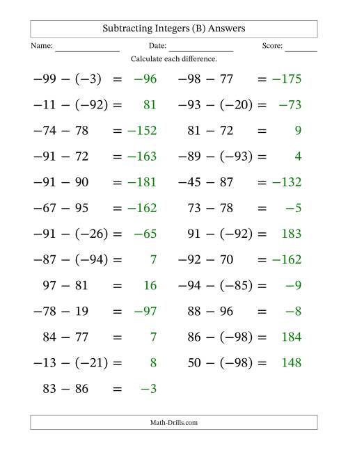 The Subtracting Mixed Integers from -99 to 99 (25 Questions; Large Print) (B) Math Worksheet Page 2