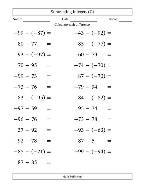 The Subtracting Mixed Integers from -99 to 99 (25 Questions; Large Print) (C) Math Worksheet