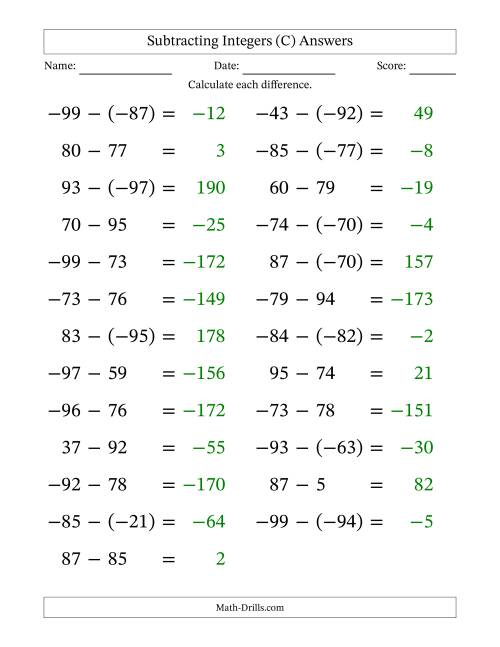 The Subtracting Mixed Integers from -99 to 99 (25 Questions; Large Print) (C) Math Worksheet Page 2