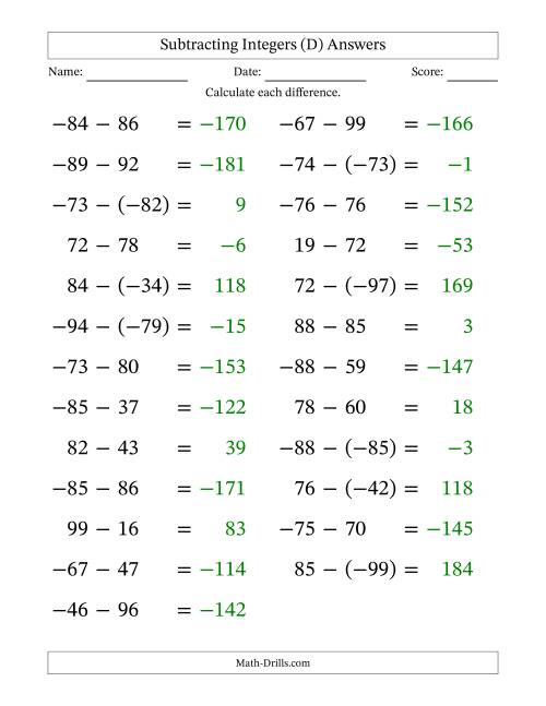 The Subtracting Mixed Integers from -99 to 99 (25 Questions; Large Print) (D) Math Worksheet Page 2