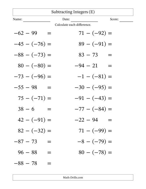 The Subtracting Mixed Integers from -99 to 99 (25 Questions; Large Print) (E) Math Worksheet