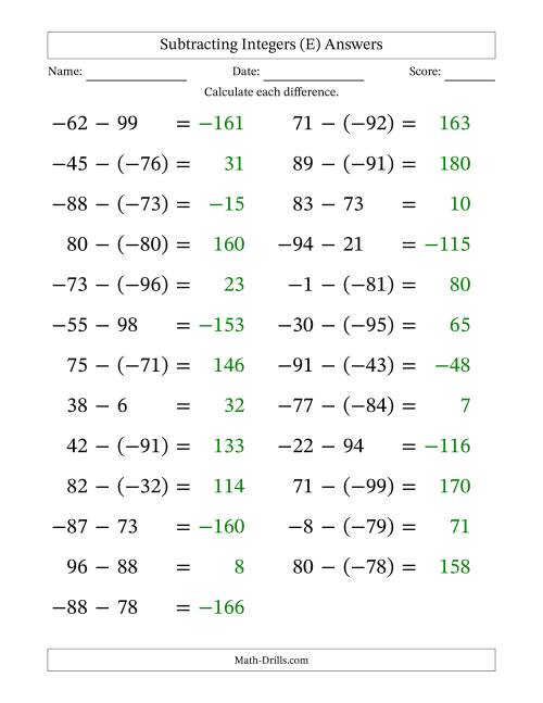 The Subtracting Mixed Integers from -99 to 99 (25 Questions; Large Print) (E) Math Worksheet Page 2