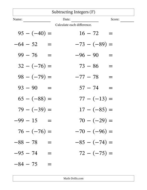 The Subtracting Mixed Integers from -99 to 99 (25 Questions; Large Print) (F) Math Worksheet