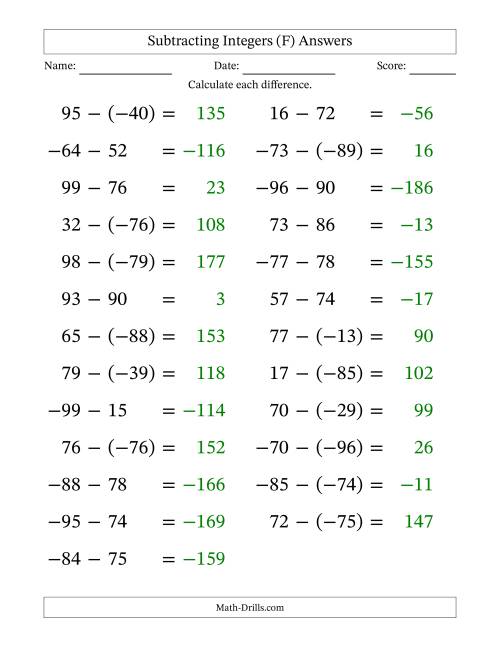 The Subtracting Mixed Integers from -99 to 99 (25 Questions; Large Print) (F) Math Worksheet Page 2