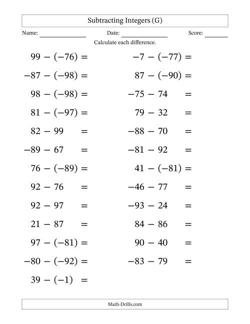 The Subtracting Mixed Integers from -99 to 99 (25 Questions; Large Print) (G) Math Worksheet