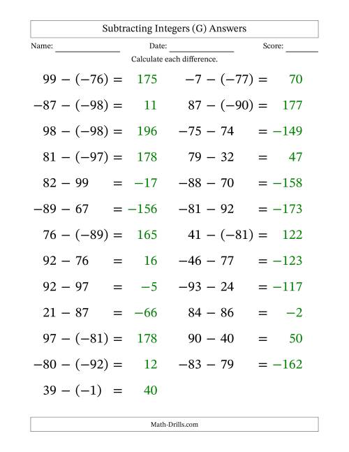 The Subtracting Mixed Integers from -99 to 99 (25 Questions; Large Print) (G) Math Worksheet Page 2