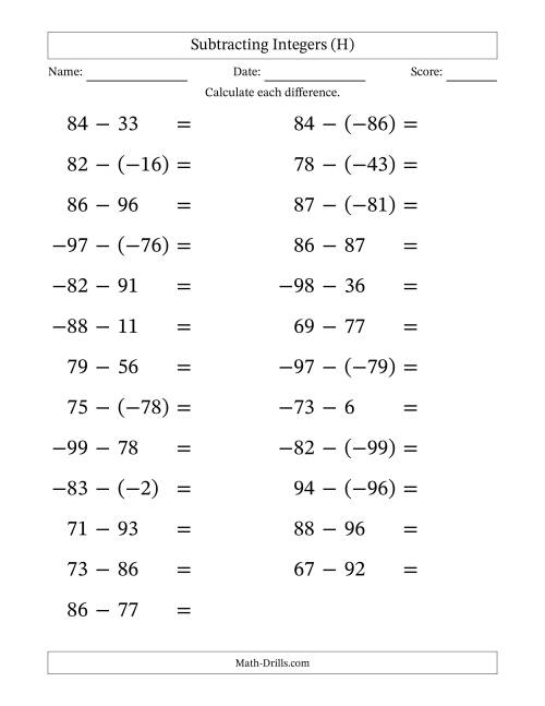 The Subtracting Mixed Integers from -99 to 99 (25 Questions; Large Print) (H) Math Worksheet