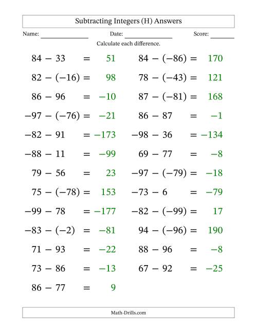 The Subtracting Mixed Integers from -99 to 99 (25 Questions; Large Print) (H) Math Worksheet Page 2