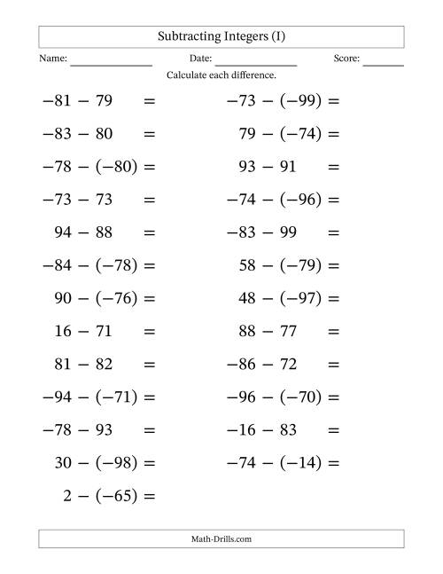 The Subtracting Mixed Integers from -99 to 99 (25 Questions; Large Print) (I) Math Worksheet