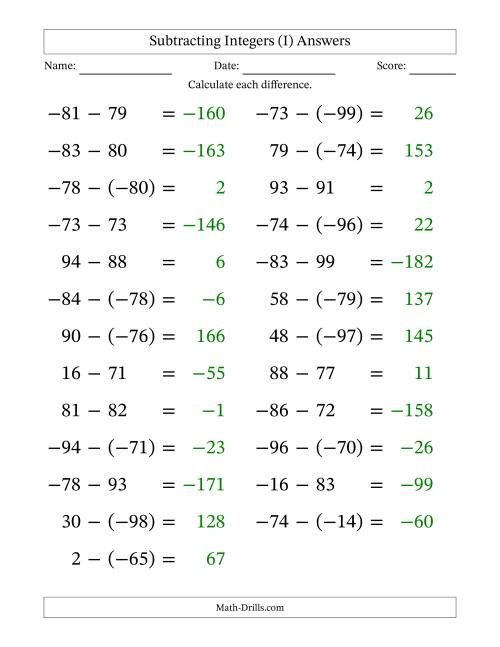 The Subtracting Mixed Integers from -99 to 99 (25 Questions; Large Print) (I) Math Worksheet Page 2
