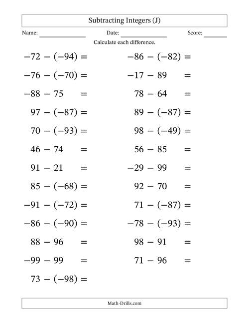 The Subtracting Mixed Integers from -99 to 99 (25 Questions; Large Print) (J) Math Worksheet