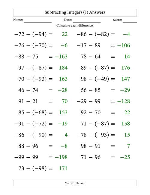 The Subtracting Mixed Integers from -99 to 99 (25 Questions; Large Print) (J) Math Worksheet Page 2