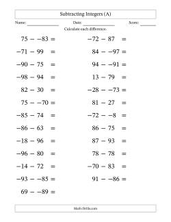 Subtracting Mixed Integers from -99 to 99 (25 Questions; Large Print; No Parentheses)