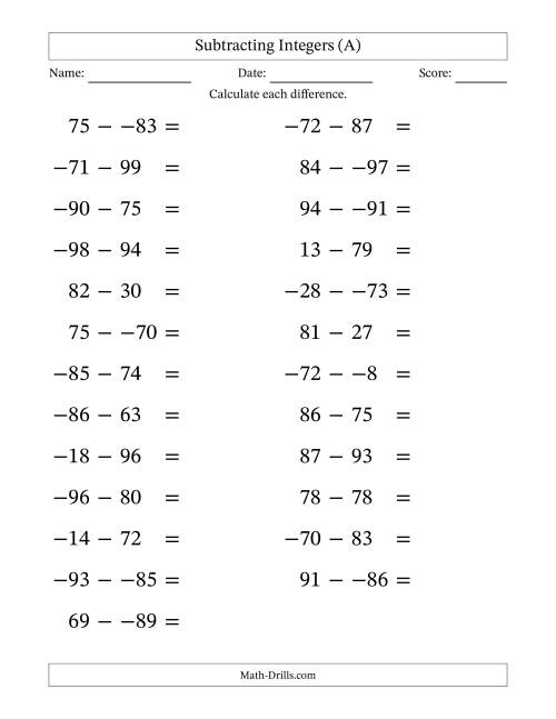 The Subtracting Mixed Integers from -99 to 99 (25 Questions; Large Print; No Parentheses) (A) Math Worksheet