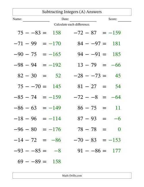 The Subtracting Mixed Integers from -99 to 99 (25 Questions; Large Print; No Parentheses) (A) Math Worksheet Page 2