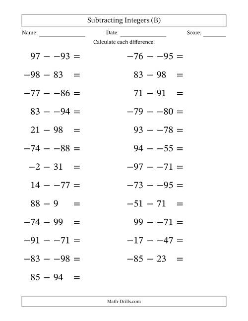 The Subtracting Mixed Integers from -99 to 99 (25 Questions; Large Print; No Parentheses) (B) Math Worksheet