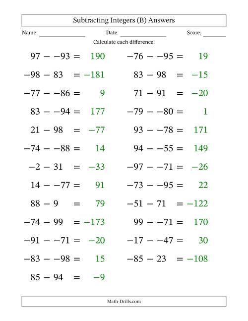 The Subtracting Mixed Integers from -99 to 99 (25 Questions; Large Print; No Parentheses) (B) Math Worksheet Page 2