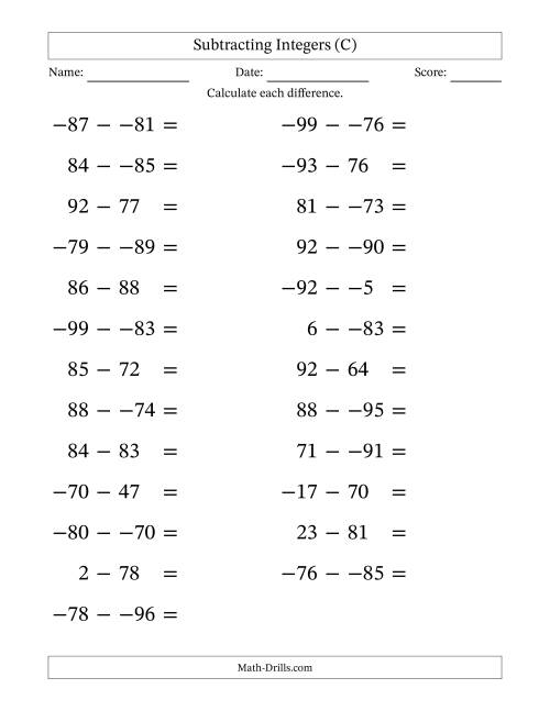 The Subtracting Mixed Integers from -99 to 99 (25 Questions; Large Print; No Parentheses) (C) Math Worksheet