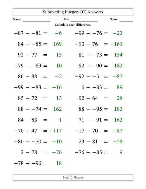 The Subtracting Mixed Integers from -99 to 99 (25 Questions; Large Print; No Parentheses) (C) Math Worksheet Page 2