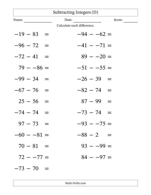 The Subtracting Mixed Integers from -99 to 99 (25 Questions; Large Print; No Parentheses) (D) Math Worksheet