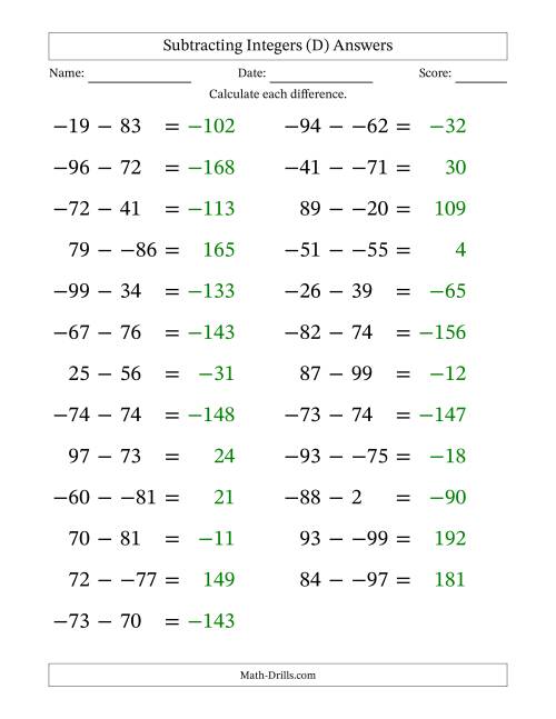 The Subtracting Mixed Integers from -99 to 99 (25 Questions; Large Print; No Parentheses) (D) Math Worksheet Page 2