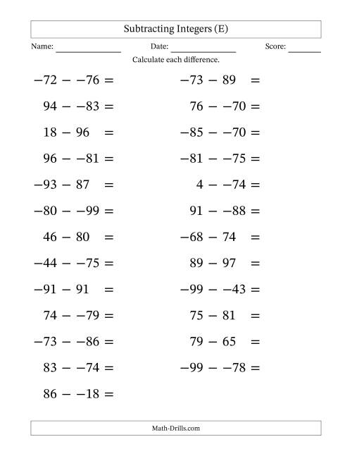The Subtracting Mixed Integers from -99 to 99 (25 Questions; Large Print; No Parentheses) (E) Math Worksheet