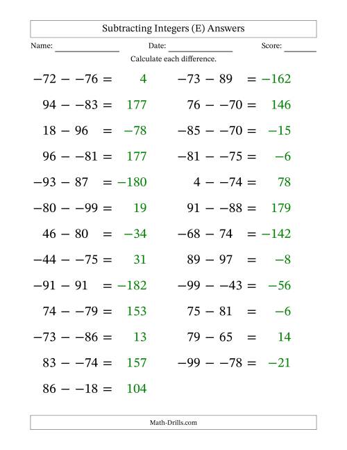 The Subtracting Mixed Integers from -99 to 99 (25 Questions; Large Print; No Parentheses) (E) Math Worksheet Page 2